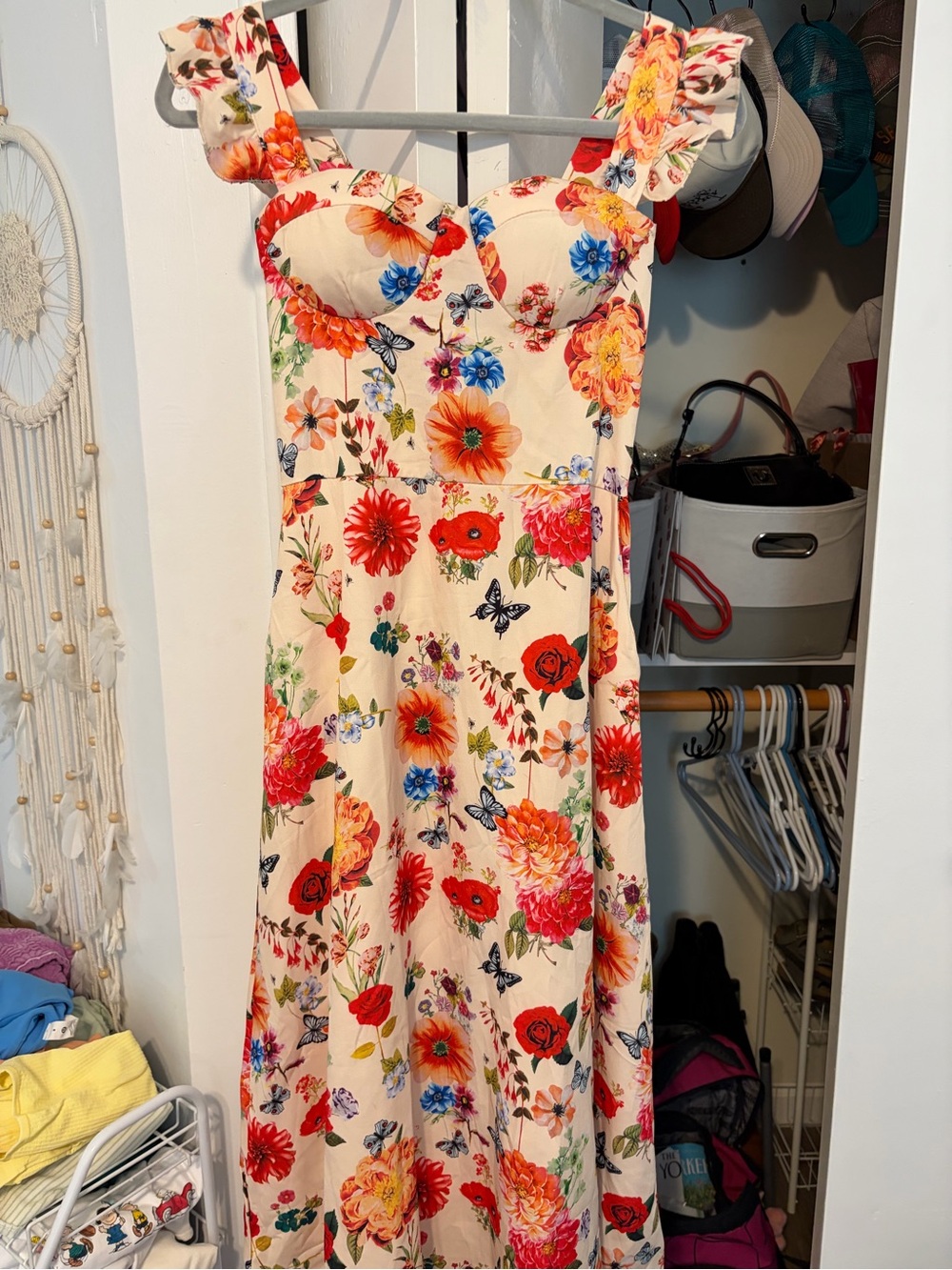 Floral Ruffle-Shoulder Cream Midi Dress with colorful blooms & butterflies